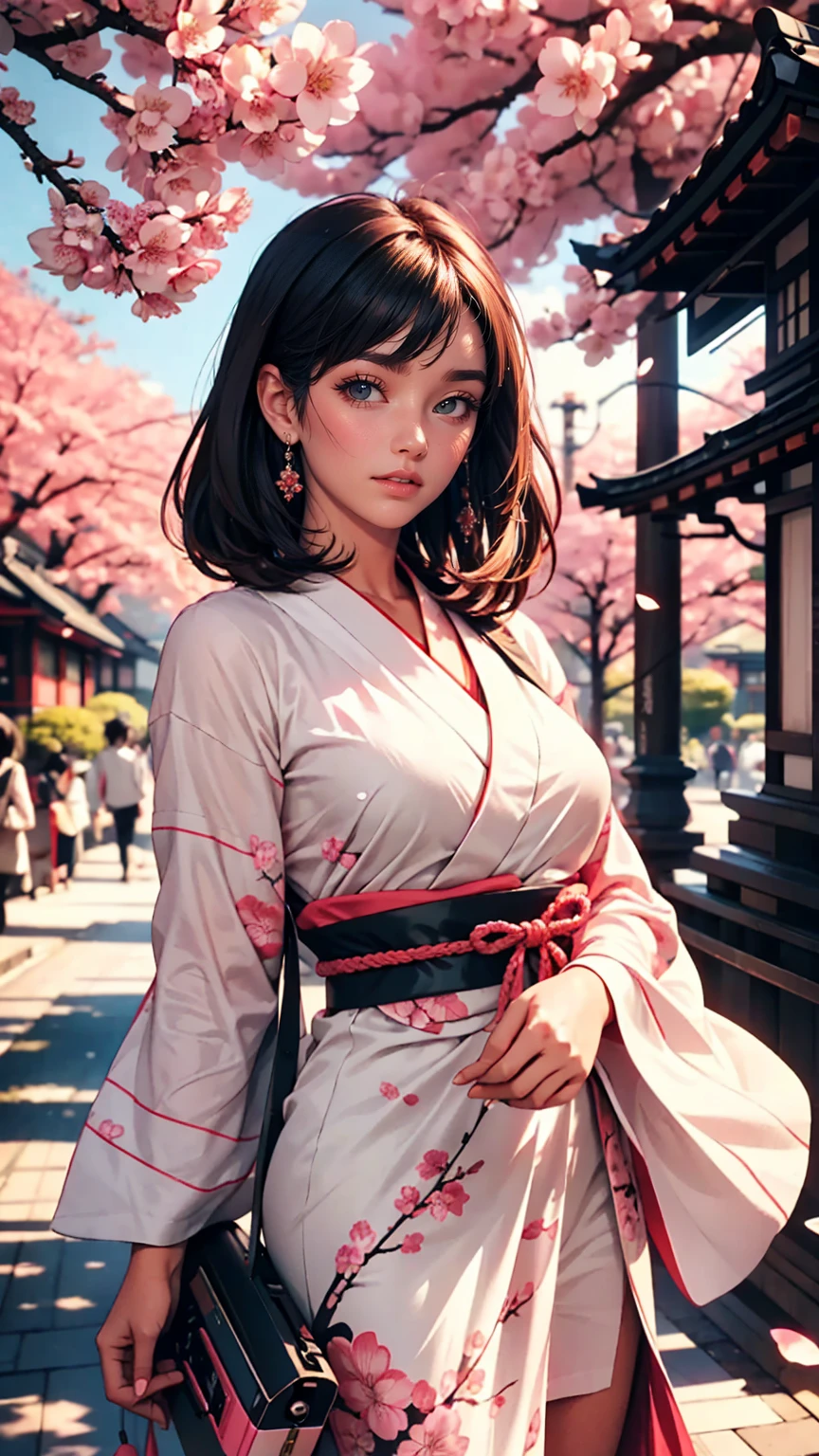Retro Photography, 1960s , Agfa, Kodak, One girl, Portraiture, Looking_in_Audience, smile, Japan, Tokyo, Cherry Blossom, Octane Rendering, 一人in, rtrophto1
