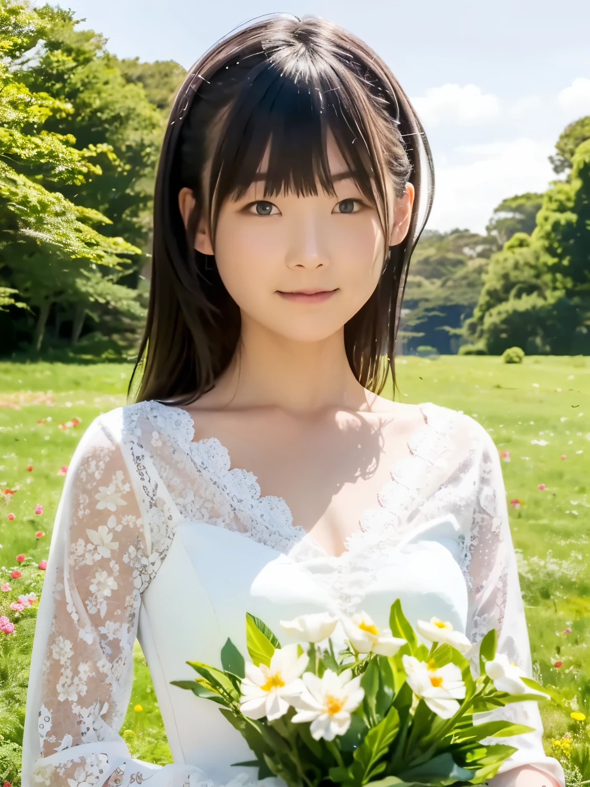 Ultra-fine illustrations,masterpiece, highest quality,1 girl, (White lace), White laceのドレスを着たモデルが、Scene of picking flowers in the grassland。Expresses a relaxing atmosphere in nature。