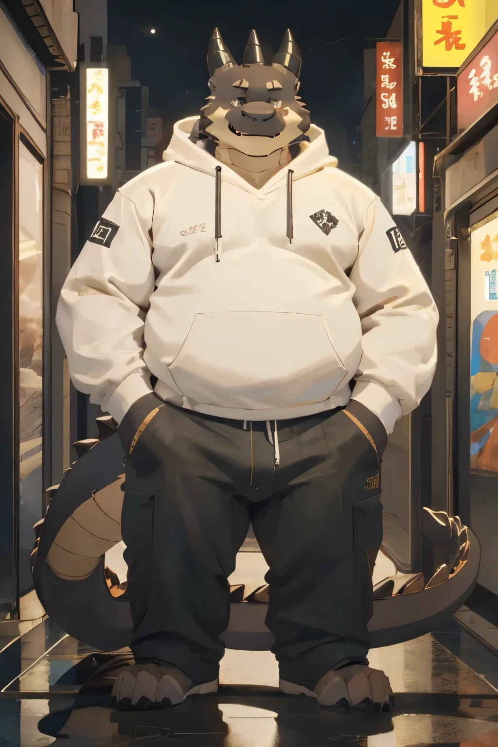 oriental dragon, male,adult, fat,chubby, doujin,yaoi,anthro, black scalie, stylish sweatshirt, tokyo cyber city,street, skyscrapers, skeb, pixiv commission, artstyle character by quanjiang out scale view, by quanjiang, by chunie