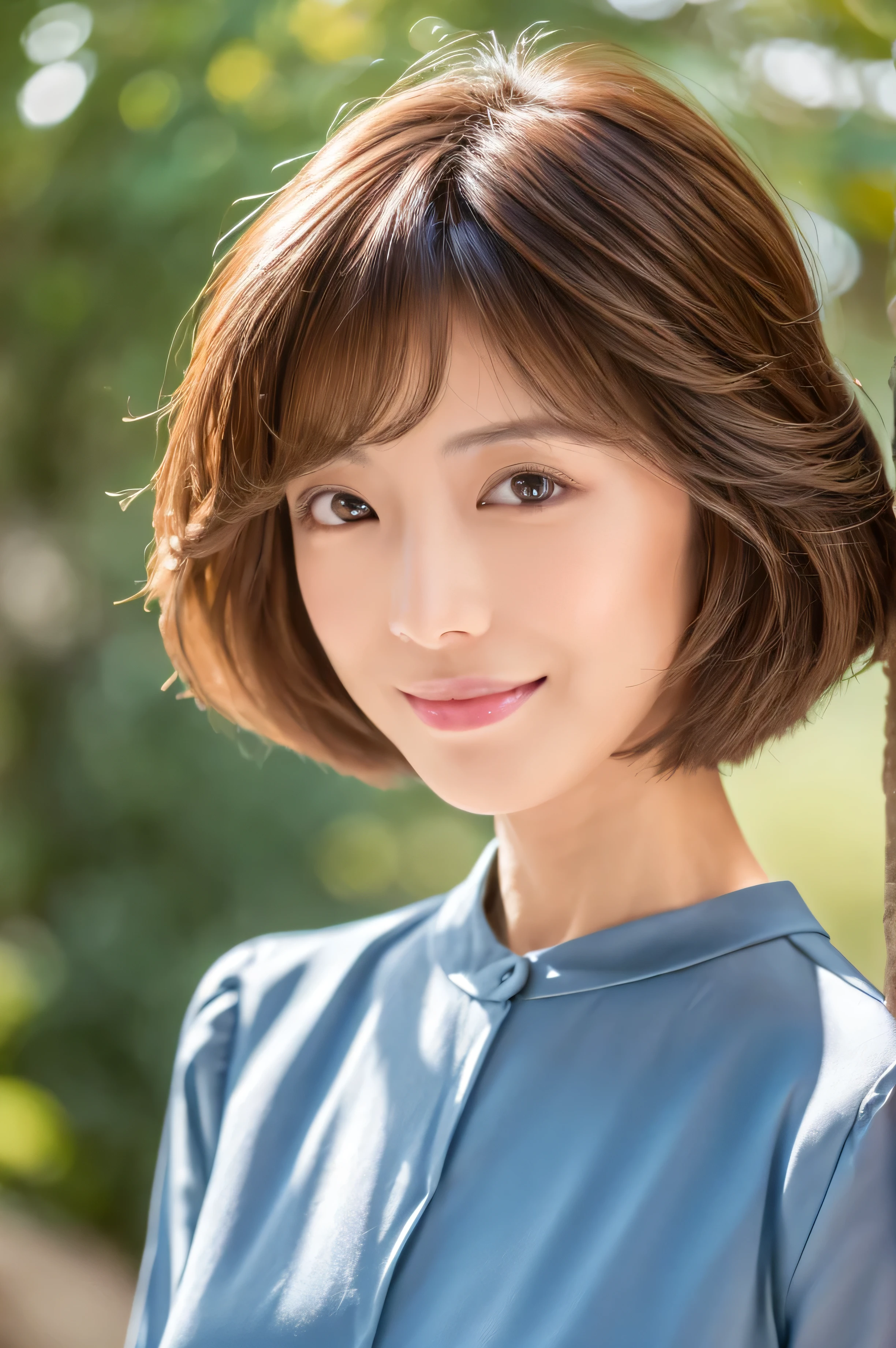 ((highest quality, 8k, masterpiece: 1.3)), Ultra-realistic, Skinny Japanese woman, 30 years old, ((1 female:1.5)), The beauty of slim abs: 1.3, (Hairstyle Brown Hair Short Cut, big: 1.2), dress: 1.1, Super slender face, Delicate eyes, double eyelid, smile, Home, RAW Photos