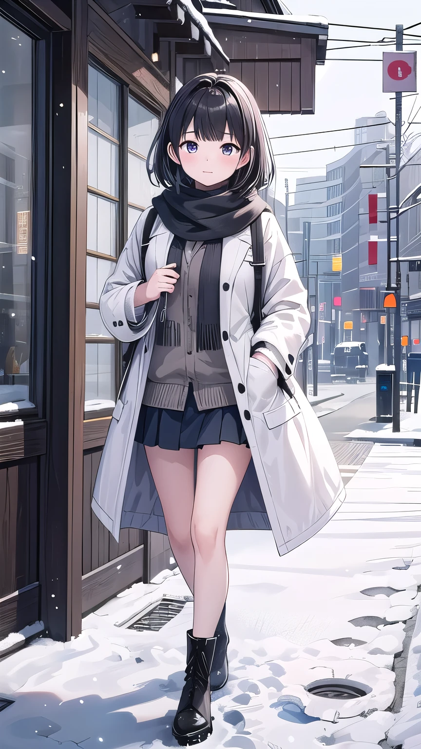 Japanese、Solo Girl, ,Medium Hair, Black Hair, Slightly chubby, White coat,rucksack、Fluffy scarf,mini skirt ,boots、Outdoor, winter,Snowy street corner、Walking straight、 highest quality, High resolution, Very detailed, Detailed Background,I&#39;m walking on a very wide road、Traveling、
