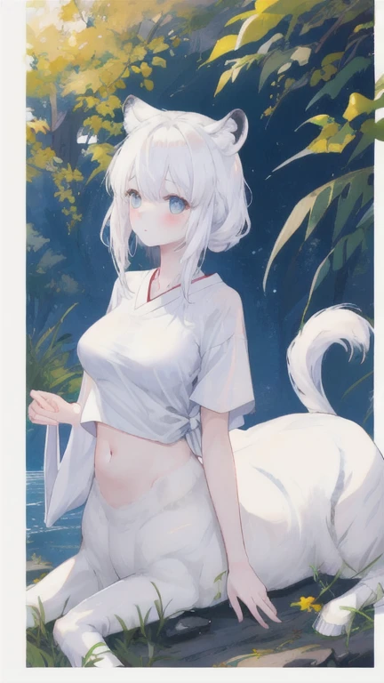 (best quality, masterpiece), 1 girl, centaur, It takes, White skin,Japanese , belly button t-shirt, 아름다운 소녀 perfect white tiger photo, perfect white tiger photo