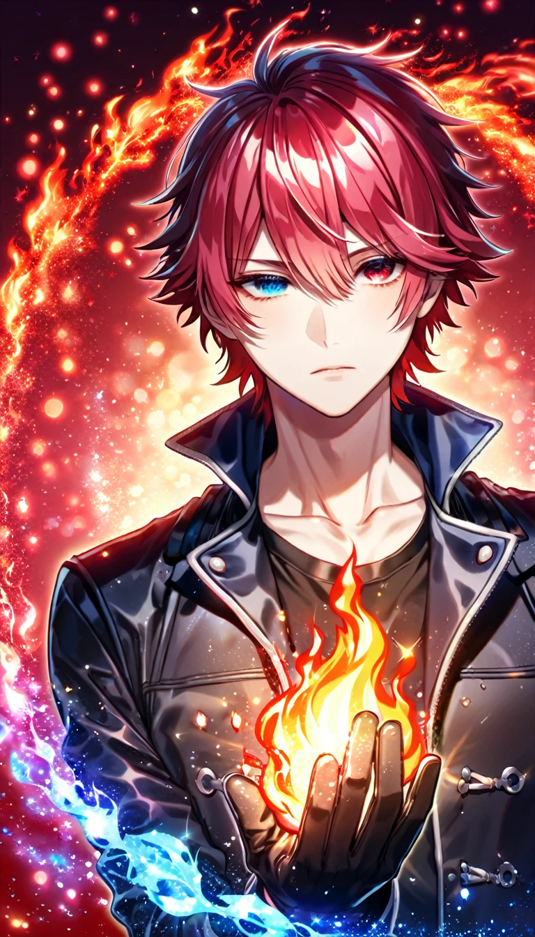 (absurdres, highres, ultra detailed, HDR) master piece, best quality, Reiki, red hair, ruffled, spiked, with bangs, heterochromia, right eye blue, left eye gray, K Project, solo, sexy man, handsome, black leather jacket, black T-shirt, black leather gloves, magical fantasy, glittering, sparkling, red roses, radiant, red sparkling fireflies, flames, red background