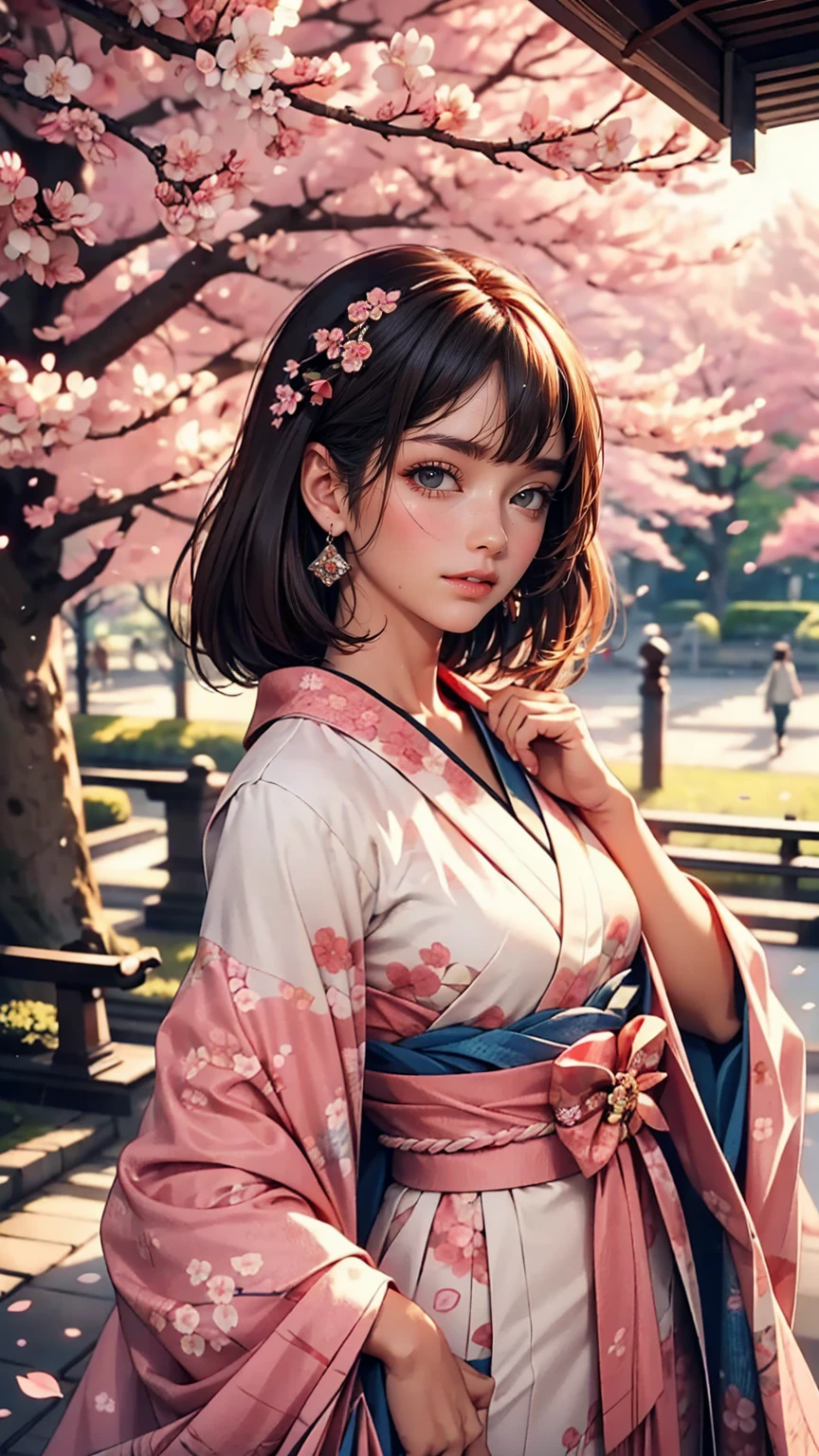 Retro Photography, 1960s , Agfa, Kodak, One girl,  Portraiture, Looking_in_Audience,  smile,  Japan, Tokyo, Cherry Blossom,  Octane Rendering,  一人in, rtrophto1