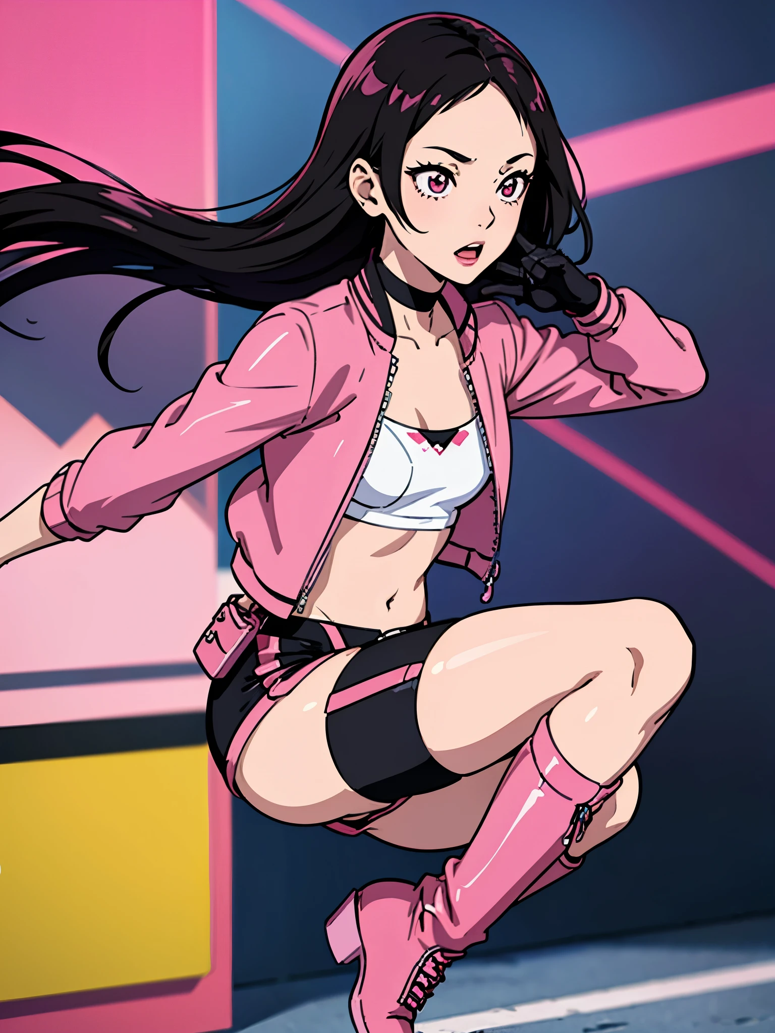 digital art drawing, illustration of (girl, long dark black hair mid part, brown eyes, sexy facial expression, flat chest, pink latex jacket, pink latex shorts, pink long latex boots, cyberpunk 2077), anime drawing/art, bold linework, illustration, digital art, masterpiece, flat illustration, no shadows, 8k resolution, high detail, vector art, only anime, perfect eyes, perfect hands, perfect fingers, sharpness, high clarity, medium close up, high fidelity
