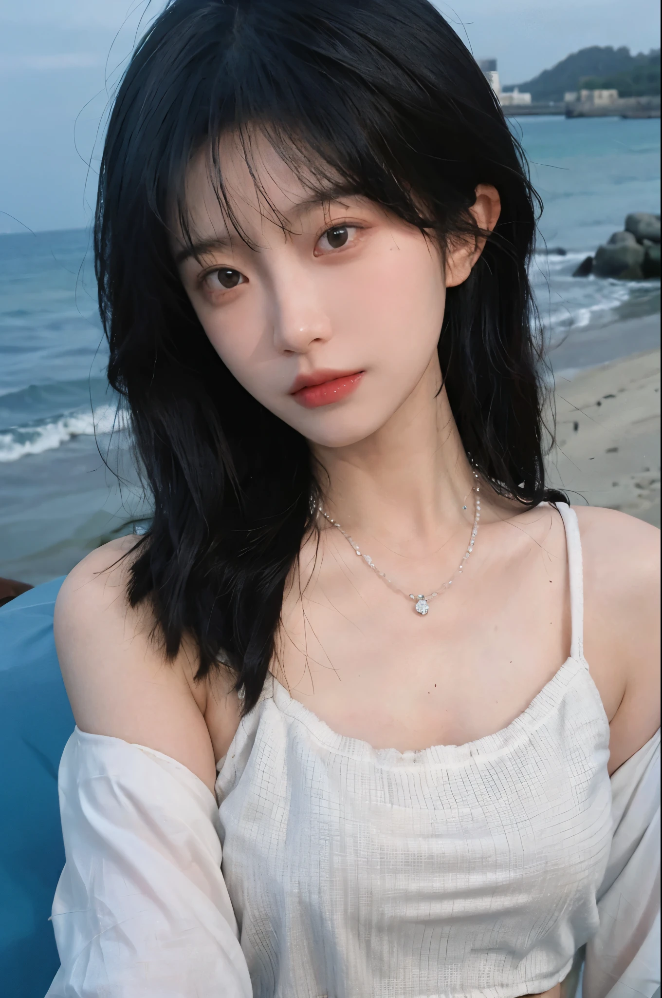 Best quality,Ultra-high resolution,(lifelike:1.4),Cute hairpin,1girll,Long curly hair,jk,Blush,Slim beauty:1.4,Visible abdominal muscles,on the beach,Ultra-fine face,Exquisite eyes,Double eyelids,necklace
