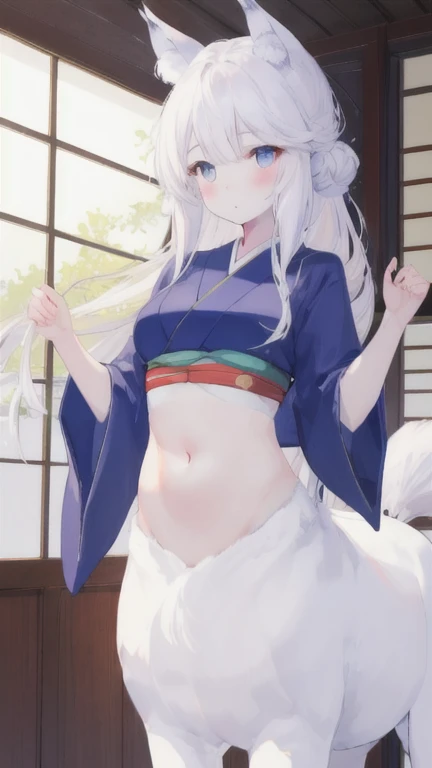 (best quality, masterpiece), 1 girl, centaur, It takes, White skin, kimono, check the belly button, belly button t-shirt, 아름다운 소녀 perfect wolf photo, perfect wolf photo