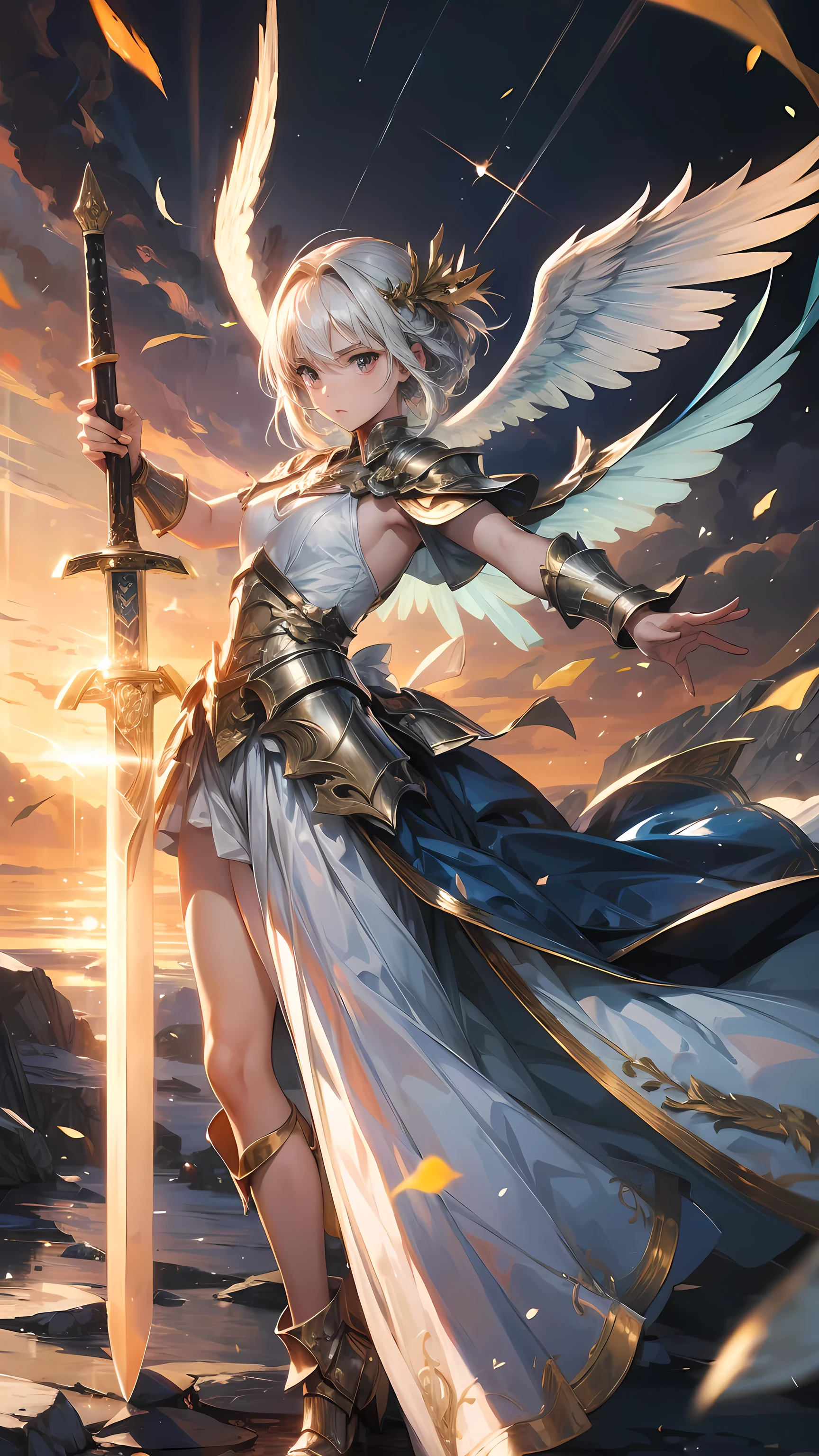 A powerful angel in heavenly armor, Sword with shield, Seven wings, Ready to fight  