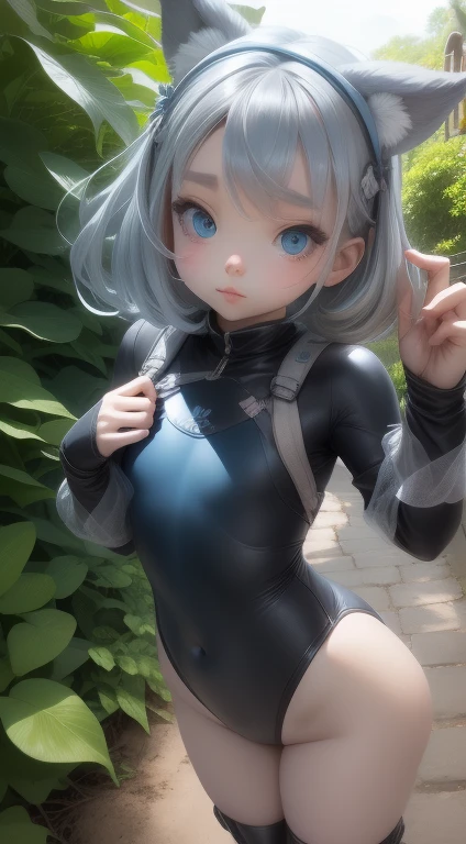 girl、、Bink、leotard、whole body。blue eyes、Gray Hair、functional、Seductive pose、front、Look back diagonally、noon、Outdoor、garden、Beach、play。
