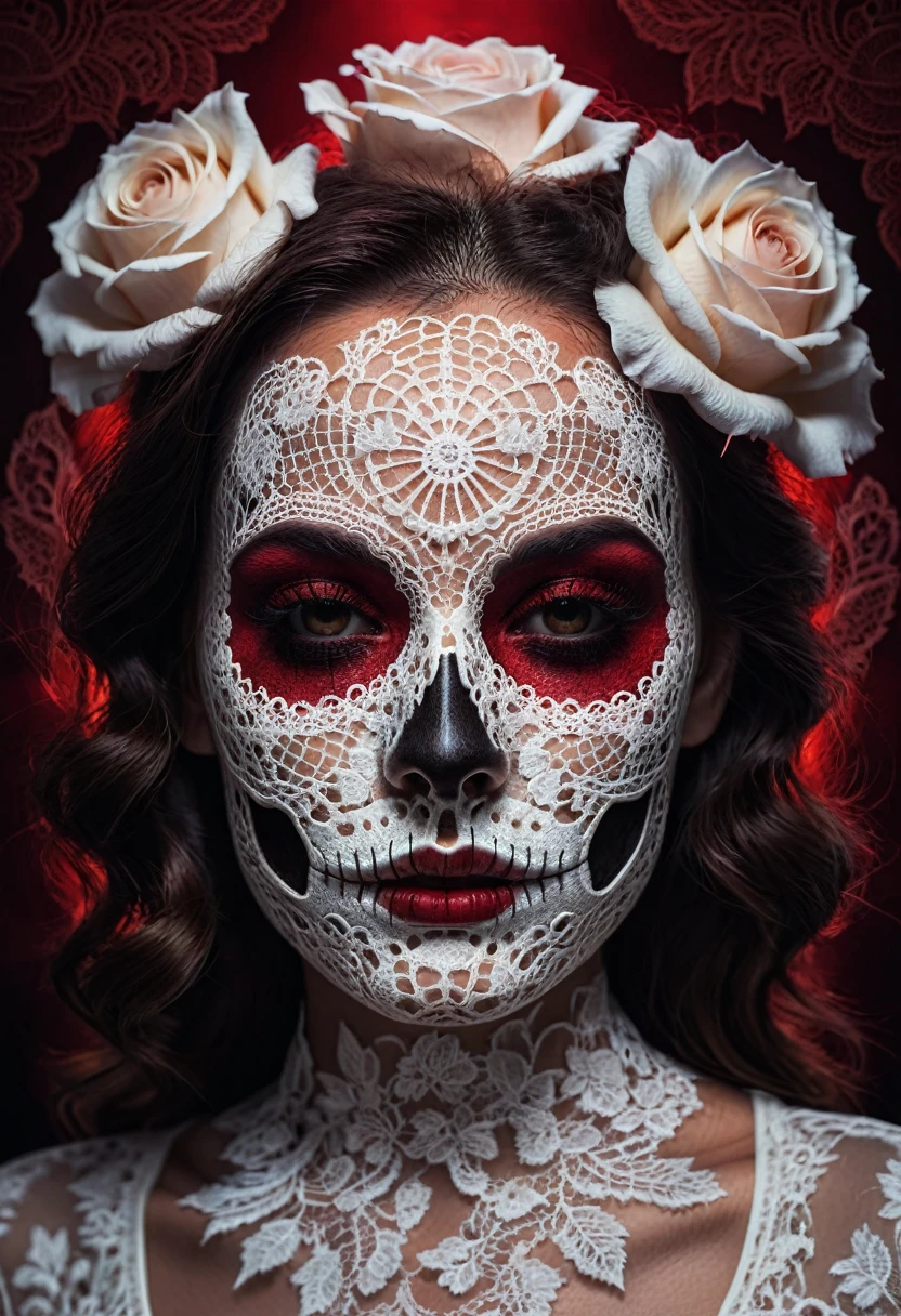 White Lace, a white lace rose, intricate lace skull pattern, dark red solid background, extremely detailed, (best quality,4k,8k,highres,masterpiece:1.2),ultra-detailed,(realistic,photorealistic,photo-realistic:1.37),HDR,UHD,studio lighting,ultra-fine painting,sharp focus,physically-based rendering,extreme detail description,professional,vivid colors,bokeh,horror,dark,moody,dramatic lighting