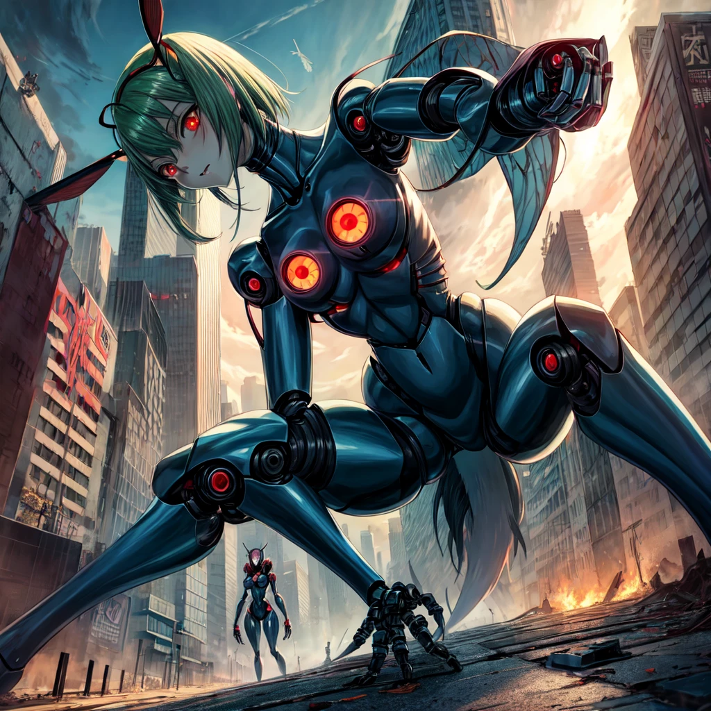 Best quality, Anime style, mantis, TV headed, gigantic belly, long legs, looking straight, red eyes, blue fur, outdoors, midnight, menacing eyes, robotic, futuristic background, dead bodies all around. 