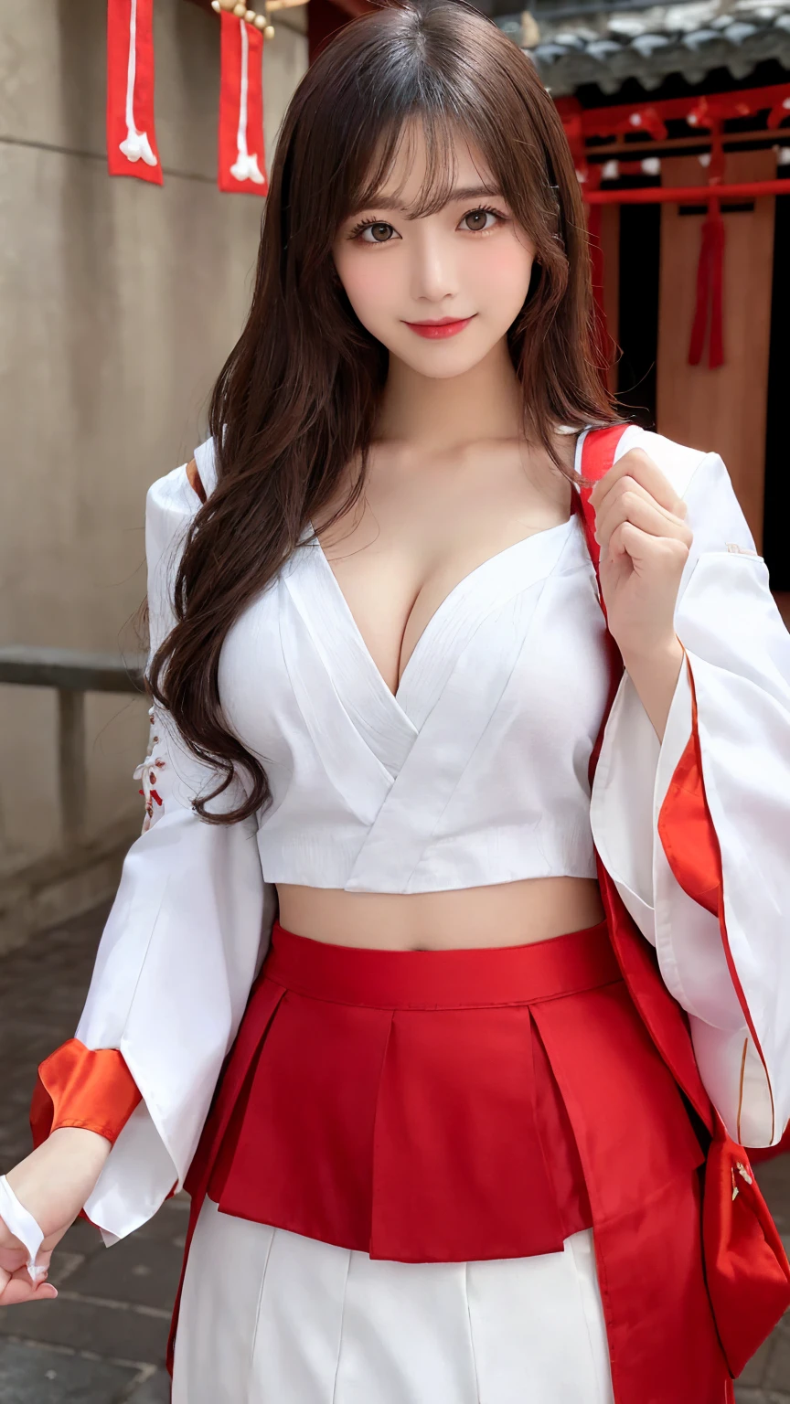masutepiece, Best Quality, Illustration, Ultra-detailed, finely detail, hight resolution, 8K Wallpaper, Perfect dynamic composition, Beautiful detailed eyes, nsfw, cleavage, Random sexy poses, Full body, (brown hair), (((Absurdly Long Hair))), (Wavy Hair), (((Ample breasts))), (real looking skin), Natural Color Lip, (The best smile), , fashion modell, Beautiful woman, (miko clothes, white sleeves, long scarlet skirt:1.8), (shrine backpack:1.4)