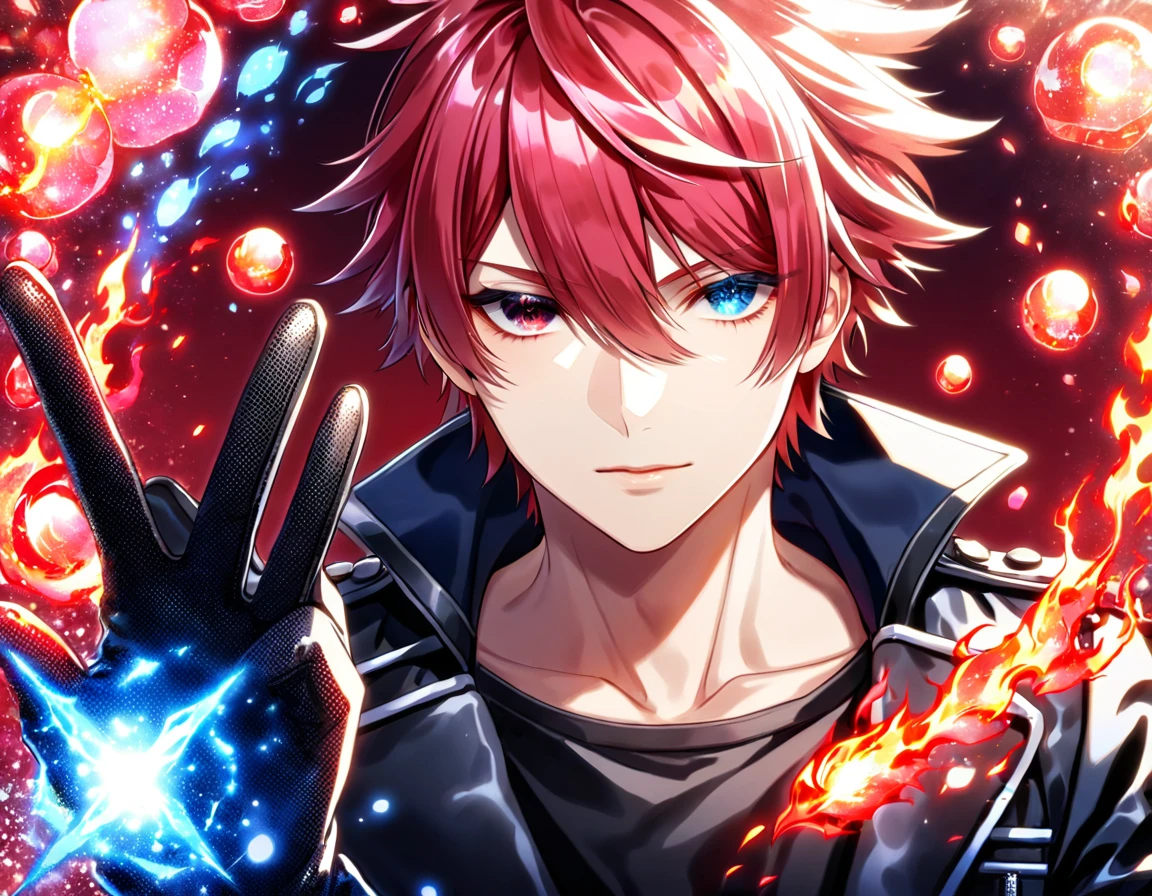 (absurdres, highres, ultra detailed, HDR) master piece, best quality, Reiki, red hair, ruffled, spiked, with bangs, heterochromia, right eye blue, left eye gray, K Project, solo, sexy man, handsome, black leather jacket, black T-shirt, black leather gloves, magical fantasy, glittering, sparkling, red roses, radiant, red sparkling fireflies, flames, red background