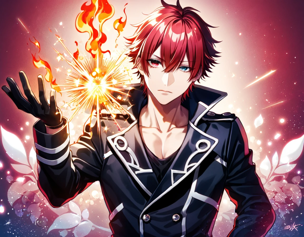 (absurdres, highres, ultra detailed, HDR) master piece, best quality, Reiki, red hair, ruffled, spiked, with bangs, heterochromia, right eye blue, left eye gray, K Project, solo, sexy man, handsome, black leather jacket, black T-shirt, black leather gloves, magical fantasy, glittering, sparkling, red roses, radiant, red sparkling fireflies, flames, red background