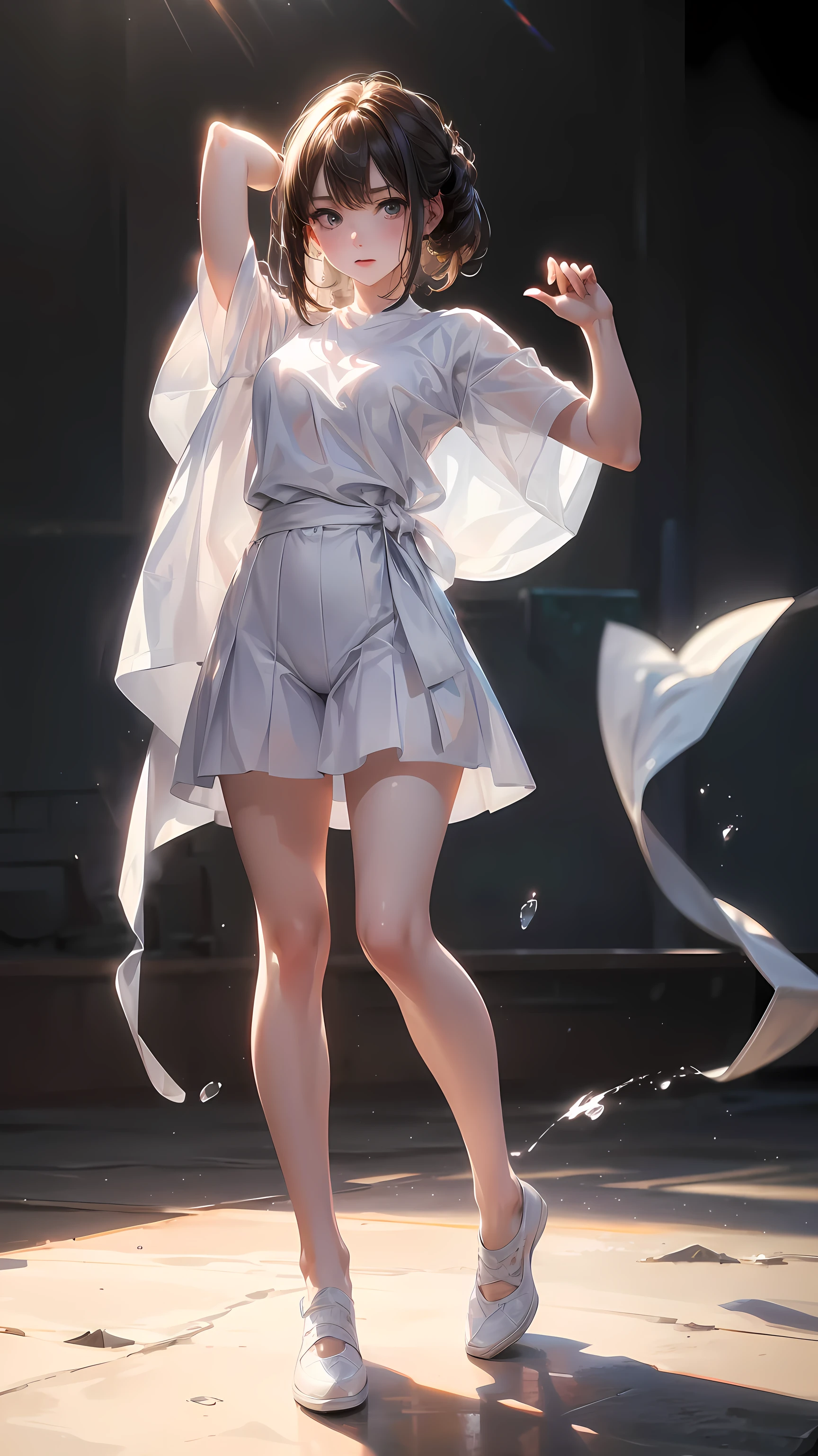 White T-shirt, cute,Hail 33, 18 years old(1.0),(Subsurface scattering:1.1),Clear focus,Award-winning photos,Professional portrait photography,original photography (Very detailed background:1.2),(fantasy:0), Dramatic Lighting, Full body portrait, permanent, full-body shot片, full-body shot片graph, full-body shot,