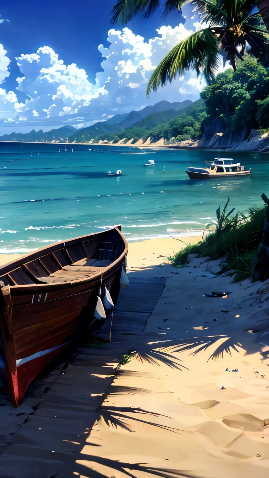 there is a boat on the beach near the water, a ship on a deserted island, low, travel, inspiring, serene environment, phot, small boat in foreground, boat in foreground, small boat in the foreground, 4 0 9 6, in a beachfront environment, incredibly beautiful, vibrant scene, peaceful environment, video, serene scene, exclusive