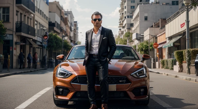 (best quality,4k,highres,masterpiece:1.2),ultra-detailed,(realistic,photorealistic,photo-realistic:1.37),GTA V-style,man in a suit,standing in front of a luxurious car,red and orange theme,high detail,extremely detailed,car with shiny paint and reflections,crisp suit with fine textures and stitching,detailed facial features and expressive eyes,polished leather shoes and reflective sunglasses,man confidently posing with a slight smile,beautifully lit surroundings with dramatic sun rays piercing through tall buildings,bustling city street with people and cars passing by,sophisticated modern architecture in the background,high-end sports car with sleek lines and aerodynamic design,impressive city skyline with illuminated skyscrapers,immaculate attention to small details like raindrops on the car's surface,wealthy atmosphere with hints of luxury and opulence,harmonious blend of warm red and vibrant orange colors,creating an energetic and dynamic visual impact,overall scene bathed in warm and inviting sunlight,dynamic composition with the man and car placed off-center,creating a sense of movement and anticipation.