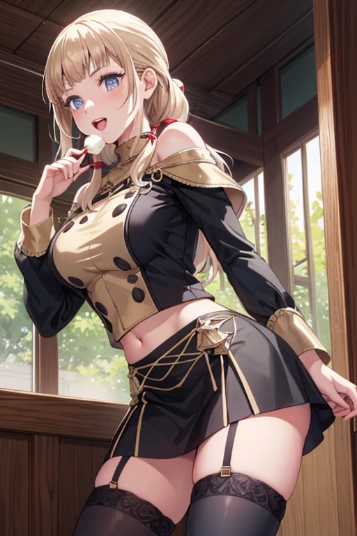 (dynamic angle:1.3, front view:1.1, breast focus:1.3, from below:1.2), (dynamic posing:1.5, sexy posing:1.2, leaning forward), (seductive smiling:1.3), ((looking at softcream, open mouth, eating a softcream)),highest quality,(ultra high resolution, 8K RAW photo, clear focus), best qualtiy, natural lighting, field depth, (Bright pupils, detailed beautiful eyes, high detailed face), Red lip, (tight focus:1.2, from below), sexy posing, a girl 22yo old, wearing a bootyshorts, thin breast, long hair, blue eyes,off-shoulder dress, sweater dress, off-shoulder sweater, red sweater,garter stocking, cleavage:1.1, midriff, black shorts, black thighhighs, thigh strap, pretty girl, (highly detailed beautiful face and eyes,firm breasts),(perky chest:1.1), (pointed chest:1.3),real skin,((black,hair,long pony tail hair)),thin pubic hair,cute,lovely, detailed eyes, This masterpiece is only visually stunning but also tells,(double breasted:1.0,under bust:1.0),(with sparkling eyes and a contagious smile),