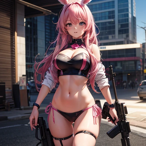 Cute and sexy girl, Pink Hair, Bunny girl, Ultra-realistic, Detailed lighting, anime, With an assault rifle
