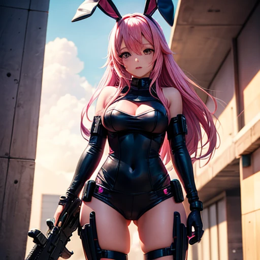 Cute and sexy girl, Pink Hair, Bunny girl, Ultra-realistic, Detailed lighting, anime, With an assault rifle
