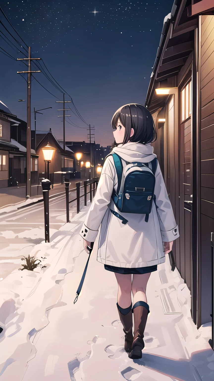 Japanese、Solo Girl, ,Medium Hair, Black Hair, Slightly chubby, White coat,rucksack、Fluffy scarf,mini skirt ,boots、Outdoor, winter,Snowy street corner、Walking straight、 highest quality, High resolution, Very detailed, Detailed Background,Wide Road、Back view、 The window is wet with night dew
The capital is already far away
A traveller returning north
Tears keep flowing
My dreams have vanished in vain
Let's touch the darkness again today
Distant thoughts are fleeting hopes
My love has left me, so now I will go in silence
What else should I talk about?
Farewell, my beloved country
Where will it be tomorrow?
Where will it be tomorrow?