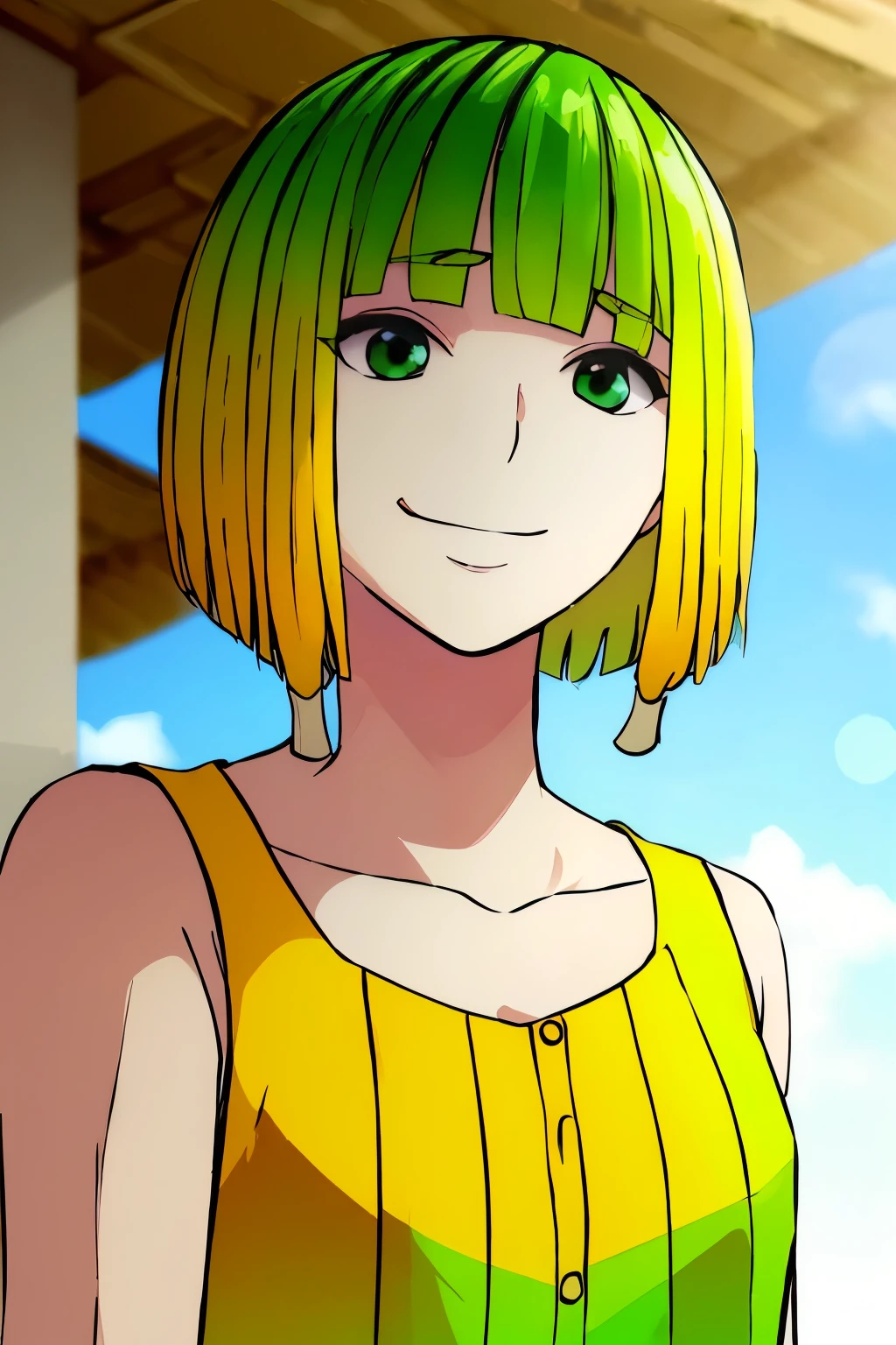 (banchan:1.3), green eyes, (green hair:0.7), (yellow hair:0.9), (gradient hair:1.2), wanostyle, (masterpiece, best quality:0.9), short hair, (blunt hair:1.2), lens flare, boke, (dynamic lighting:0.95), smiling, from below, looking away