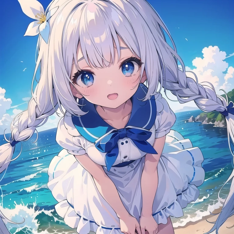 (masterpiece, highest quality:1.2, beautiful)、young girl、((Overhead angle))、(Close-up of girl, looking at viewers,),Silver Hair、((rope braid))、Blue Eyes、Embarrassed、Redness、Lowered eyebrows、16k、Digital、(Perfect Face、Perfect body、Perfect limbs),Perfect Fingers,Perfect Proportion,Colorful,Blue sky, blue sea、White dress、White socks