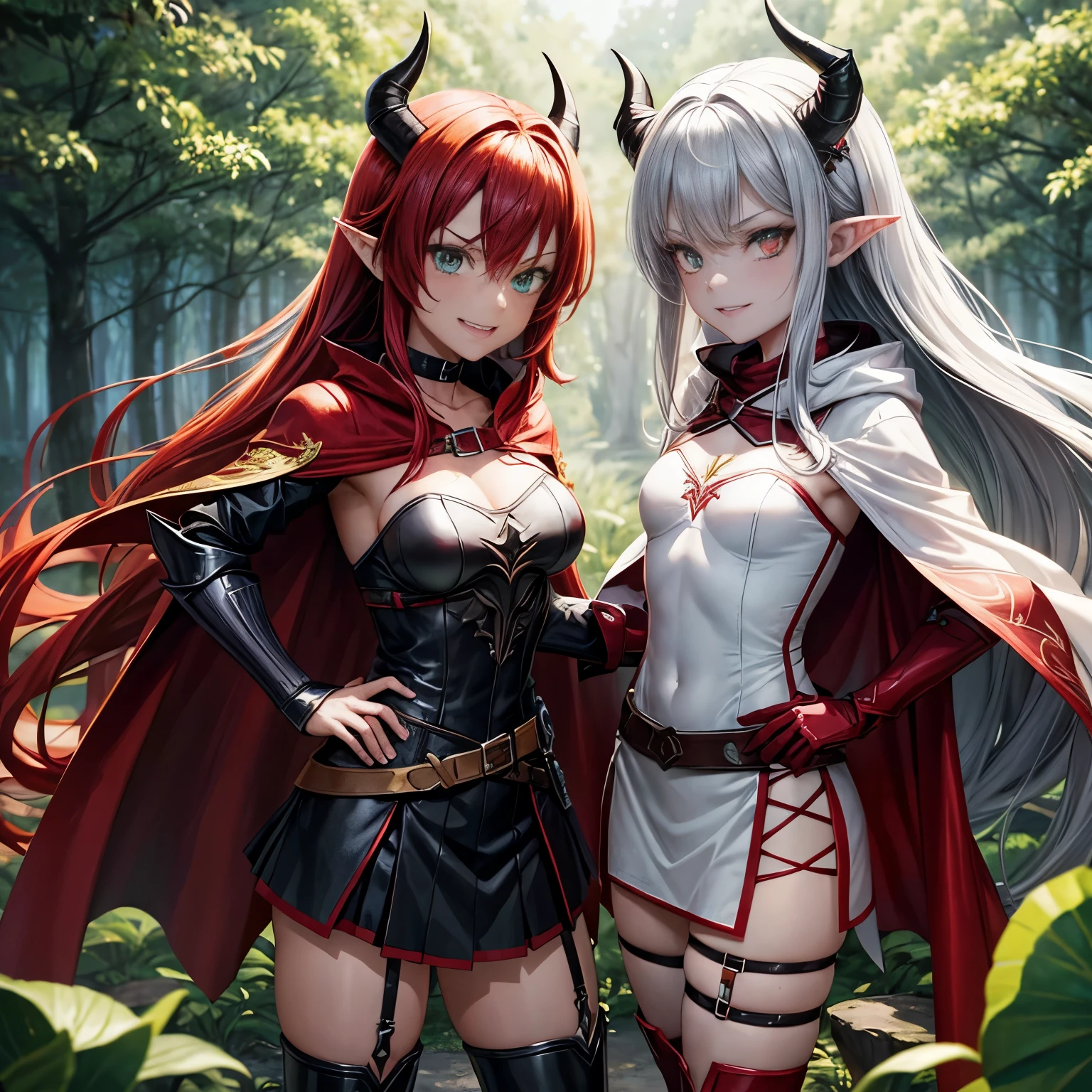 Skinny,breast small,standing,villain pose, scarlet red hair,hair scarlet red and crimson red hair, medium hair,ahoge,aqua eyes,green eyes,White skin,smug,happy,grin,tunic,hood,bikini armor,cape,thigh strap,boots,armored boots,skirt,earclip,choker,fingerless gloves,leg belt,Forest Background,Medium Shot,Black,Green,Gray,Brown,forest,Leather Armor,Magic Robe,Man POV,Larissa, Demongirl, Demon tail, Demon Horns, Amber eyes, Red Hair, Short, Hair, pointy ears,
