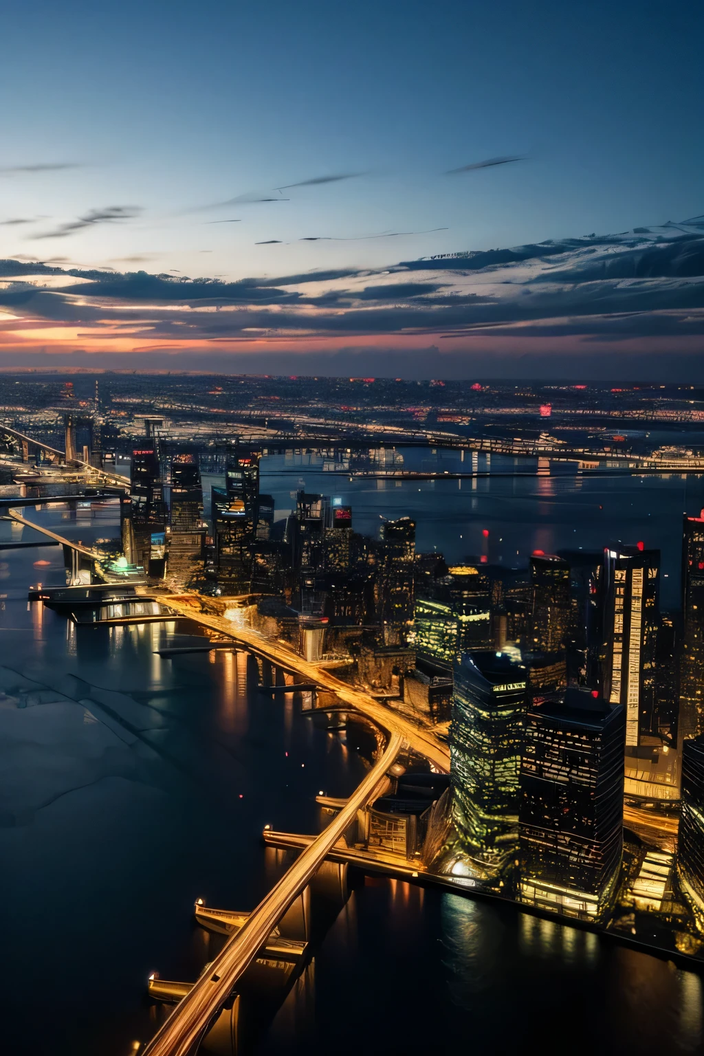 View of the city from the window on the 57th floor. clear sky, at night.