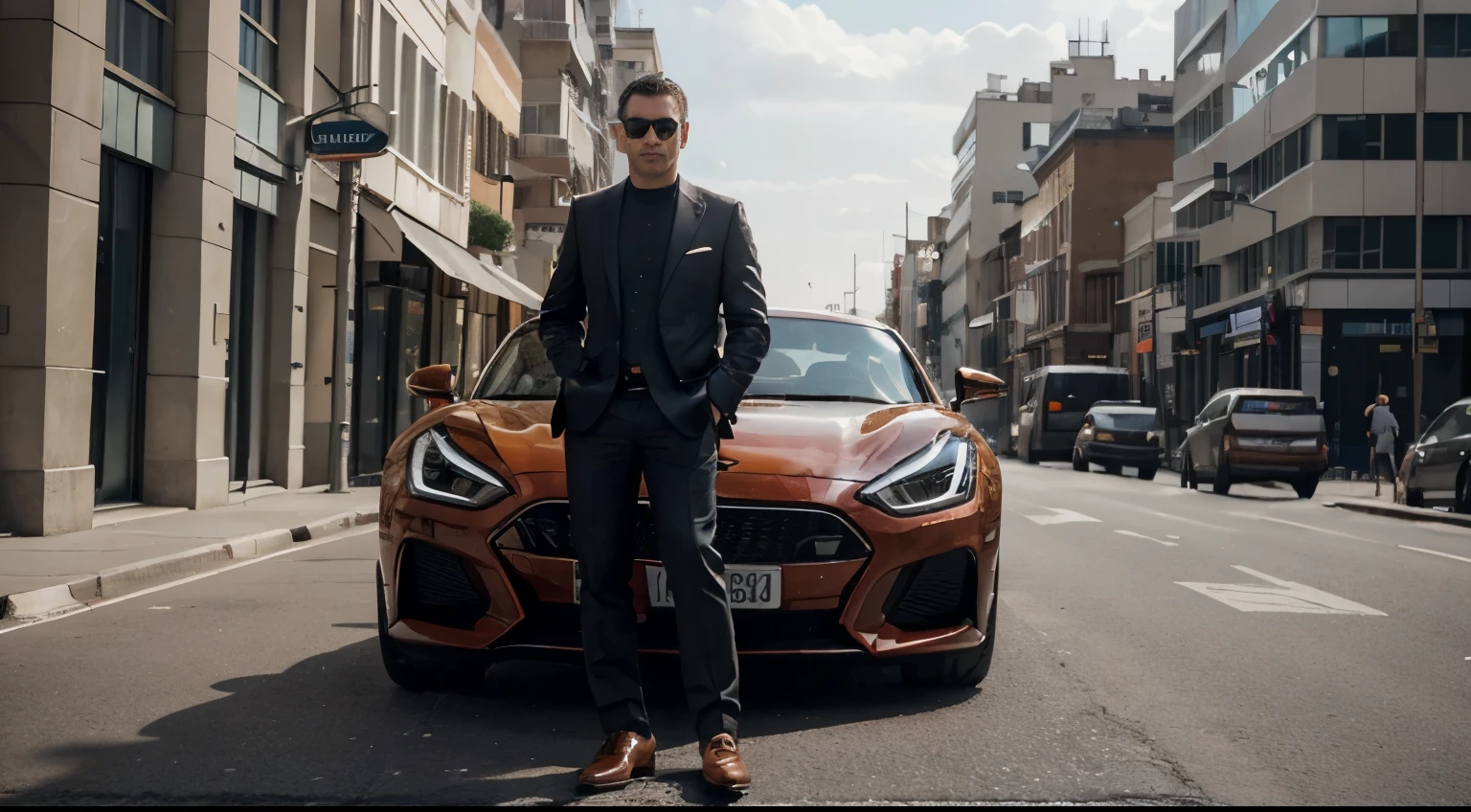(best quality,4k,highres,masterpiece:1.2),ultra-detailed,(realistic,photorealistic,photo-realistic:1.37),GTA V-style,man in a suit,standing in front of a luxurious car,red and orange theme,high detail,extremely detailed,car with shiny paint and reflections,crisp suit with fine textures and stitching,detailed facial features and expressive eyes,polished leather shoes and reflective sunglasses,man confidently posing with a slight smile,beautifully lit surroundings with dramatic sun rays piercing through tall buildings,bustling city street with people and cars passing by,sophisticated modern architecture in the background,high-end sports car with sleek lines and aerodynamic design,impressive city skyline with illuminated skyscrapers,immaculate attention to small details like raindrops on the car's surface,wealthy atmosphere with hints of luxury and opulence,harmonious blend of warm red and vibrant orange colors,creating an energetic and dynamic visual impact,overall scene bathed in warm and inviting sunlight,dynamic composition with the man and car placed off-center,creating a sense of movement and anticipation.