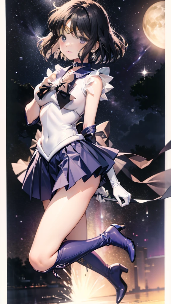 (full body)，high resolution，Detailed Description，highest quality，(sailor senshi uniform),Sailor Saturn，Black Hair，Cosmos，leotard，High leg，Purple Skirt，Knee-high boots，Elbow Handbags，Thick thighs，The skirt is short,スカートの下に白色のleotardが見える，The skirt is blown away by the wind，Defenseless crotch，blush，Embarrassed expression，Open your mouth，