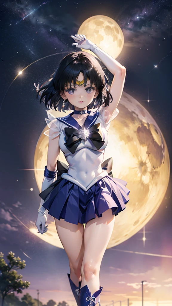 (full body)，high resolution，Detailed Description，highest quality，(sailor senshi uniform),Sailor Saturn，Black Hair，Cosmos，leotard，High leg，Purple Skirt，Knee-high boots，Elbow Handbags，Thick thighs，The skirt is short,スカートの下に白色のleotardが見える，The skirt is blown away by the wind，Defenseless crotch，blush，Embarrassed expression，Open your mouth，