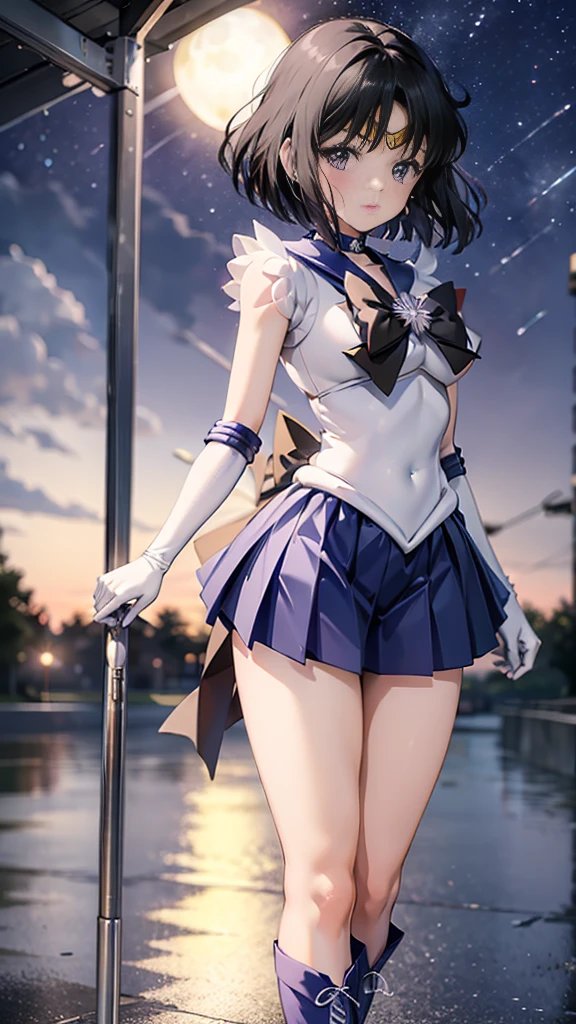 (full body)，high resolution，Detailed Description，highest quality，(sailor senshi uniform),Sailor Saturn，Black Hair，Cosmos，leotard，High leg，Purple Skirt，Knee-high boots，Elbow Handbags，Thick thighs，The skirt is short,スカートの下に白色のleotardが見える，The skirt is blown away by the wind，Defenseless crotch，blush，Embarrassed expression，Open your mouth，