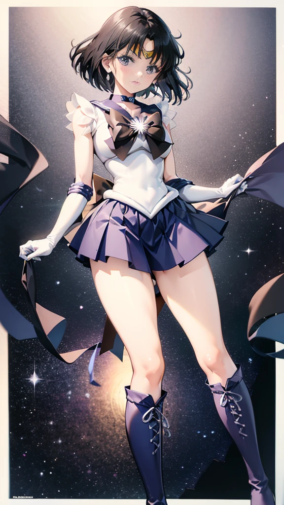 (full body)，high resolution，Detailed Description，highest quality，(sailor senshi uniform),Sailor Saturn，Black Hair，Cosmos，leotard，High leg，Purple Skirt，Knee-high boots，Elbow Handbags，Thick thighs，The skirt is short,スカートの下に白色のleotardが見える，The skirt is blown away by the wind，Defenseless crotch，blush，Embarrassed expression，Open your mouth，