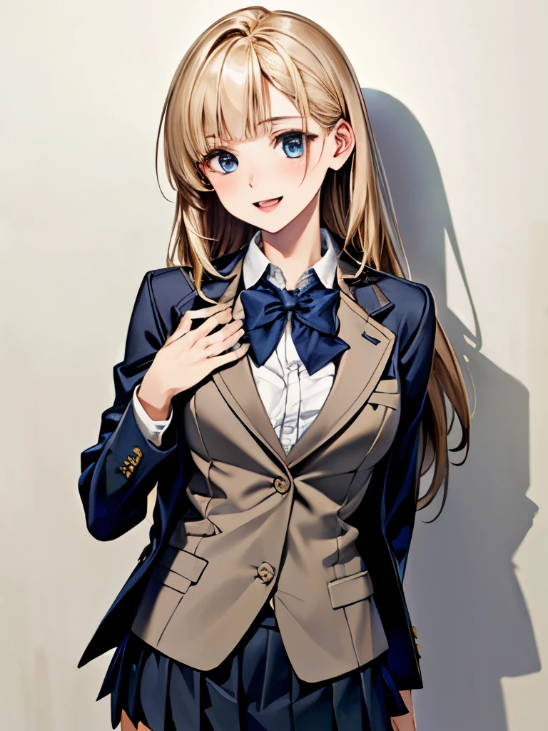 (masterpiece:1.2, highest quality), (Realistic, photoRealistic:1.4), Beautiful illustrations, (Natural Side Lighting, Cinema Lighting), , 
avert your eyes, (Face Focus, Upper Body, Front view:0.6), 1 girl, high school girl, Japanese, Perfect Face, Perfect Anatomy, Cute and symmetrical face, (Round face), Shiny skin, 
(Long Hair:1.6, Hime cut:1.5, Blonde), Blunt bangs, blue eyes, Big eyes, Long Eyelashes, (Medium chest), 
Beautiful Hair, Beautiful Face, Beautiful fine details, Beautiful clavicle, Beautiful body, Beautiful breasts, 
(((navy , navy school blazer:1.2, navy pleated mini skirt), Closed blazer, Grey bow tie, White collared shirt), (Bust Shot),
(Pure white wall background), Are standing, (Place your hand on your chest), (Cute smile, Open your mouth), 