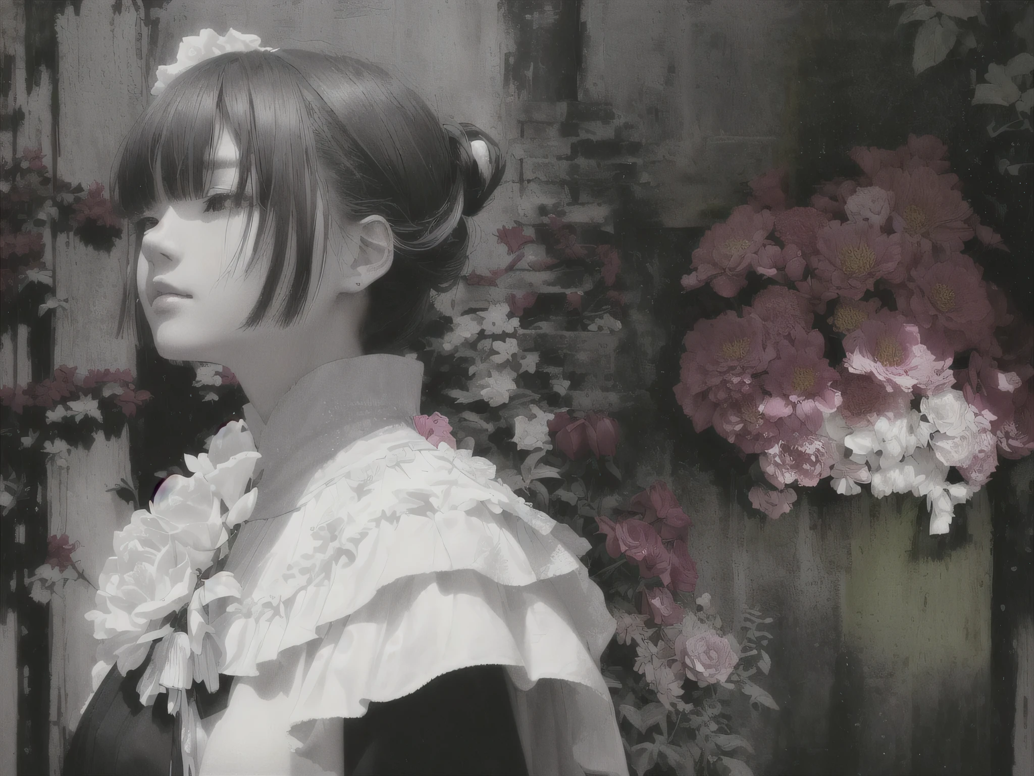 there is a girl that is standing in front of a flower, Mixed Media Photography, inspired by Ayako Rokkaku, complex and Low saturation, Old photo style, Low saturation!!, * Color Splash *, inspired by Tosa Mitsunobu, flower, inspired by Hasegawa Settan, Inspired by Fujiwara Takanobu, Digital Collage