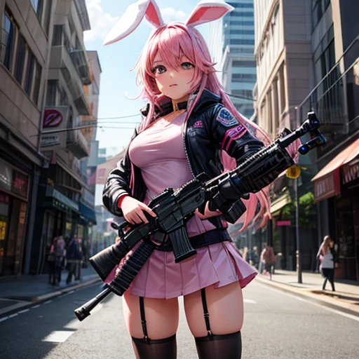 Cute and sexy girl, Pink Hair, Bunny girl, Ultra-realistic, Detailed lighting, anime, Holding an assault rifle and wearing a Sukajan jacket