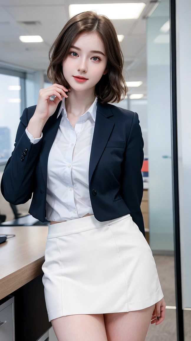 ((best quality)), photorealistic, photorealism, Photorealistic, high resolution, Beautiful, Baby Face, 20 Years Old, White Skin, pale skin, Large Breasts, huge breast, seductive pose, looking at the camera, (Detailed face), short hair, sexy body, (wearing woman shirt and short skirt), (business suit, formal suit), revealed thigh, bokeh, office background, high-tech office