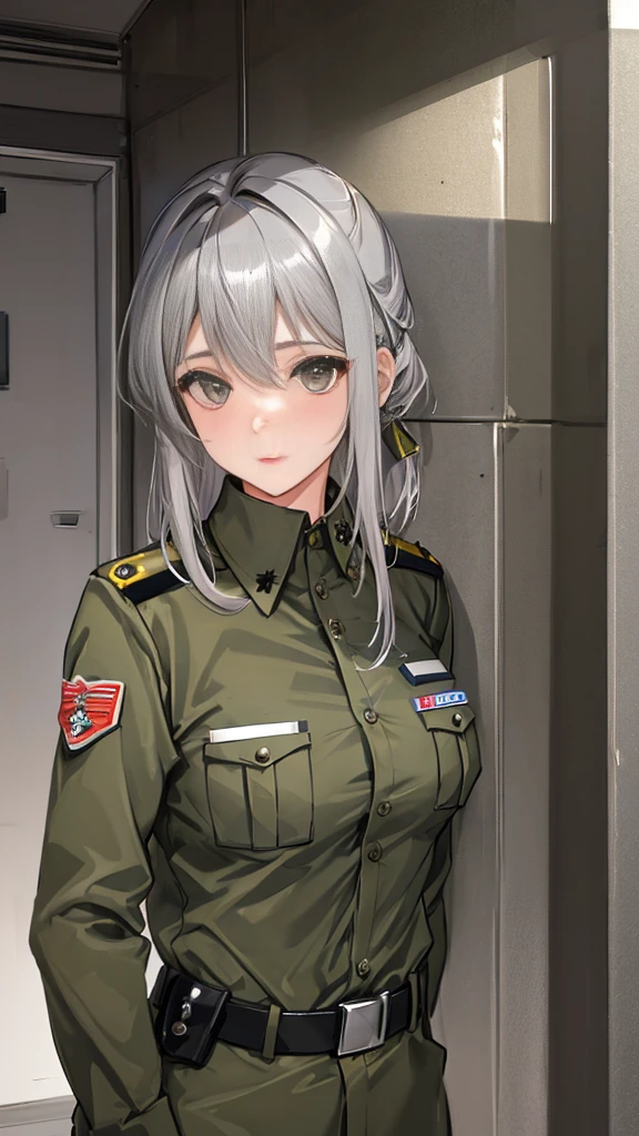 Female officer wearing khaki military uniform(silver hair)