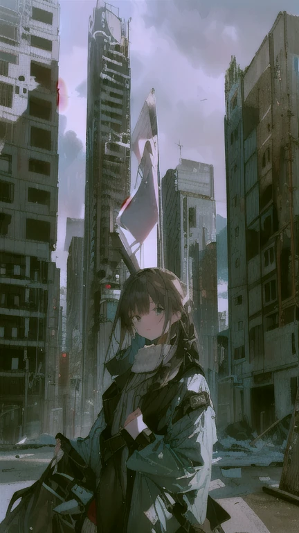 Animation scene of a woman standing on the ruins of a city, Destroyed cityscape outdoors, ultra-absurdres-Top quality by artist God, Extremely detailed, Pixiv competition winner, Perfect anatomical structure,1 Girl, (Please draw a long blond hair,fluffy,Have dull hair,年龄20 years old,Small lips, big dark blue eyes, Light blue coat,)(Solitary,Female android, 20 years old, full-body shot),Complete limbs, Full fingers,Medium chest , Small butt, Beautiful and delicate blue eyes, Dressed revealing, (Detailed lighting), (Detailed background), (The girl's left foot is on the ruins, Right foot under the ruins, long blond hair blowing in the wind,The expression is calm, Deep eyes), (The girl is in the center of the frame), full-body shot. Super delicate skin, Best cinematic lighting powered by famous artist, very beautiful,((artist:Yukie_(Kusaka_he) )), artist:Clamps ,artist:agate ,artist:Guande , Japanese light novel cover, Wasteland wind, Neon