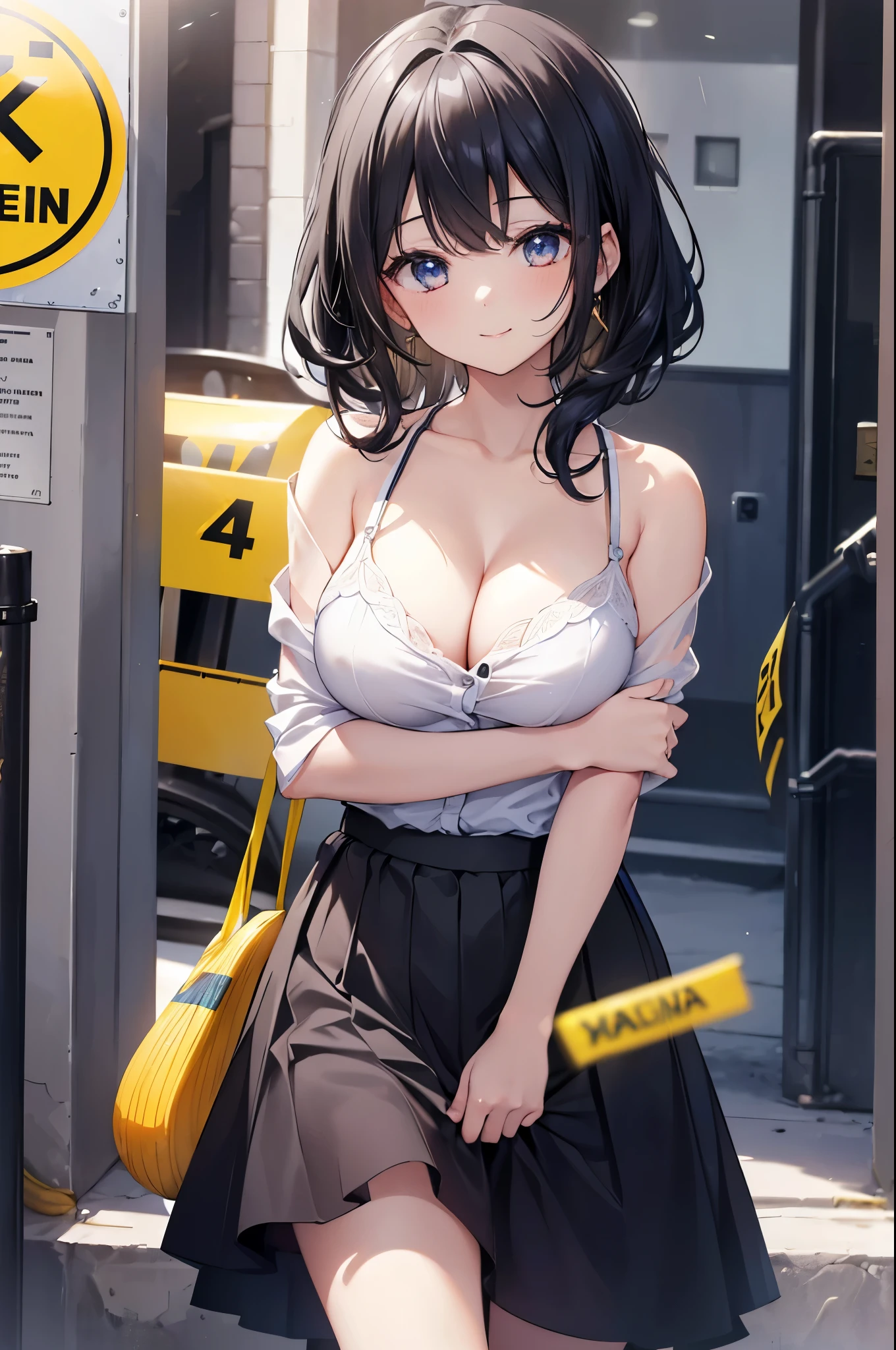 One Girl, (Chiquita:1.2), Black Hair, (Close-up shot, highest quality, High resolution, 4K, Detailed lighting, Shaders, Browsing Caution), , Cleavage, skirt, smile,