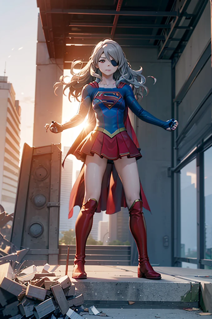 (whole body), (masterpiece:1.2), (Highest_quality:1.2), (Ultra_detailed:1.3), 8k,Low Angle，From below，1 girl，solo，Big ass girl, Frustrated face，Glare，View your viewers，Mid-chest, barefoot，Red long boots，3D Rendering, superman_oc，( Supergirl)，Laura Bodewig, Long Hair, (Red eyes:1.3), Grey Hair, Eye patch,Blue leotard，Red Cape，gloves，Simple Background，White Background，(Squat with legs apart，Raise your arms back),