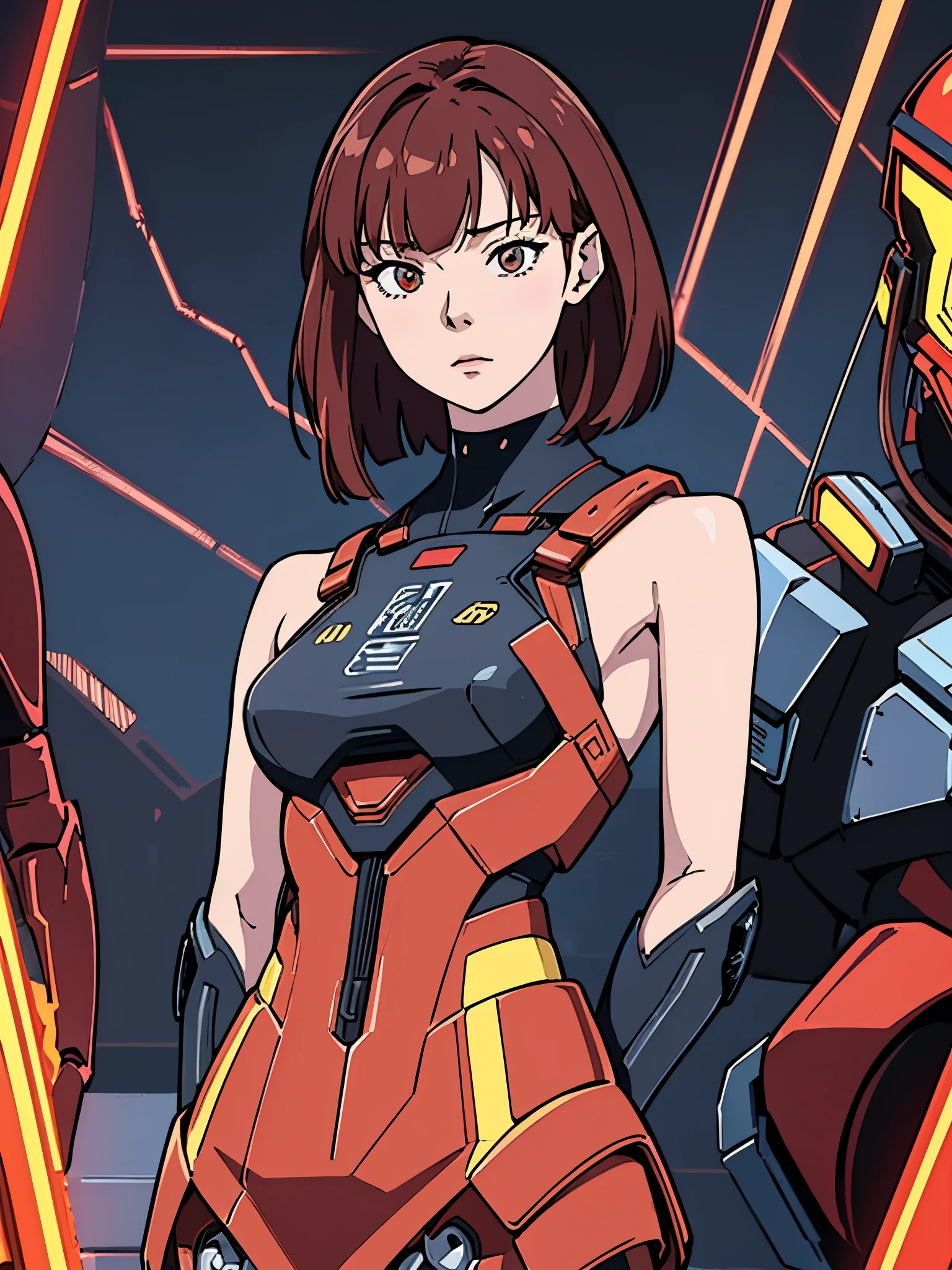 digital art drawing, illustration of (Winter from k-pop group aespa, short red hair with bangs, brown eyes, flat chest, topless, cyborg girl, android, droid, mecha, mechanical fusion, exoskeleton, metal robotic arms, evil look, wires and cables connecting to the head, neon details, cyberpunk 2077), anime drawing/art, bold linework, illustration, digital art, masterpiece, flat illustration, no shadows, 8k resolution, high detail, vector art, only anime, perfect eyes, perfect hands, perfect fingers, sharpness, high clarity, medium shot, high fidelity
