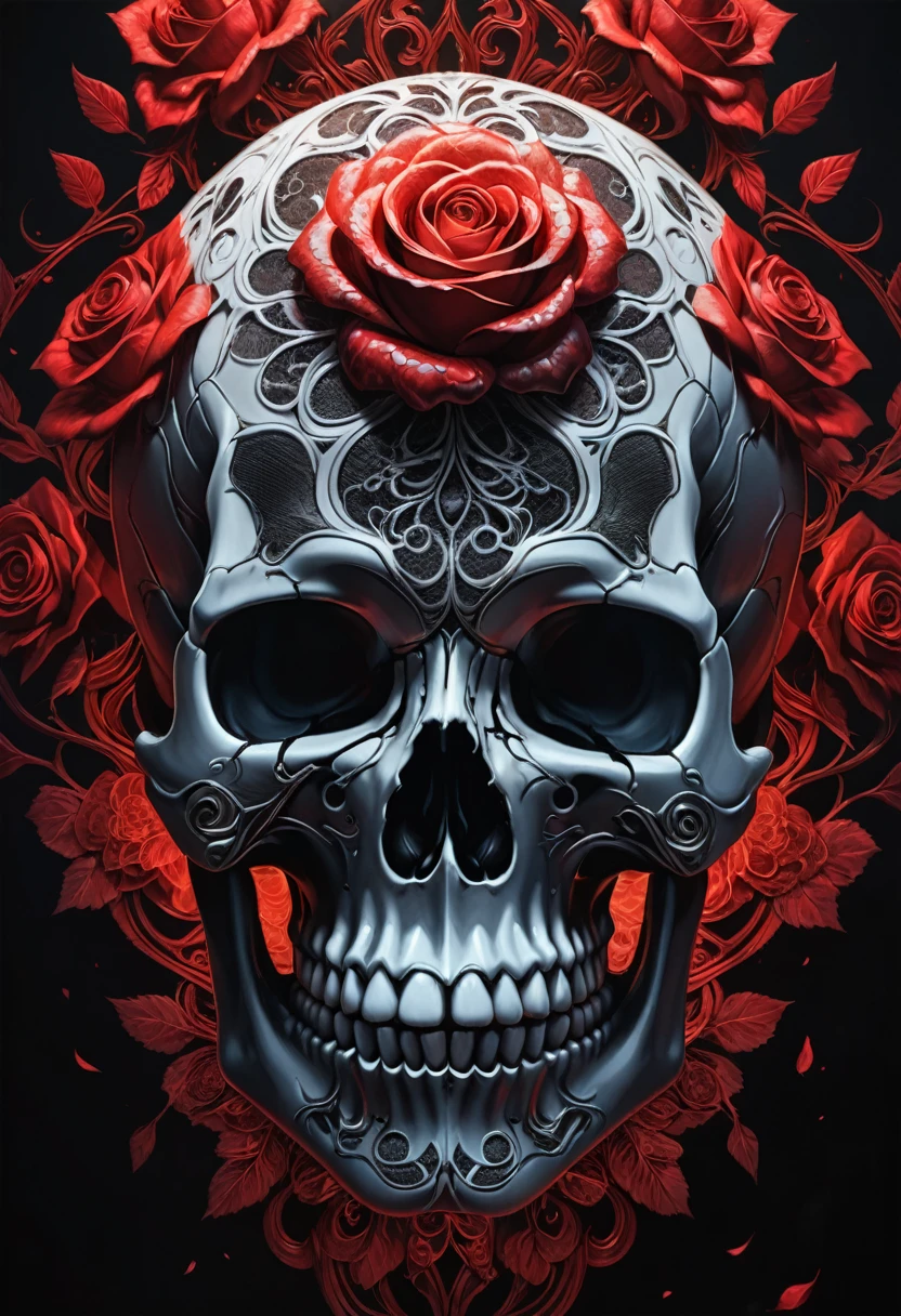 White Lace, a white lace rose, intricate lace skull pattern, dark red solid background, extremely detailed, (best quality,4k,8k,highres,masterpiece:1.2),ultra-detailed,HDR,UHD,studio lighting,ultra-fine painting,sharp focus,physically-based rendering,extreme detail description,professional,vivid colors,bokeh,horror,dark,moody,dramatic lighting
