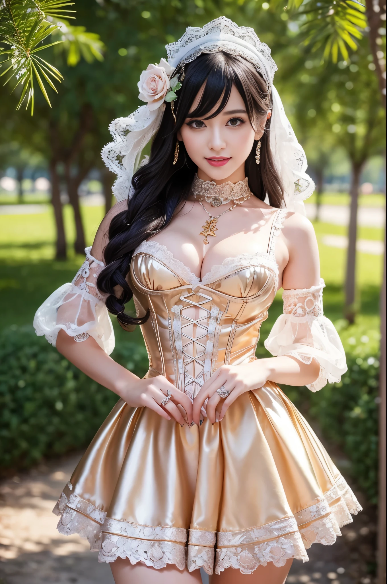 (nsfw), sexy stylish Swedish model, only 1 female, ((doll-like appearance)), long Rose Gold stylish hair, ((shiny Victorian-Style boots)), (big smile), ultra detailed eyes, vivid eye makeup, lipgloss, long lashes, defined eyebrows, ((sexy Paradise Kiss cosplay)), bell-shaped skirt, petticoats, high neckline, puffed sleeves, (( ultra detailed lace)), ((ultra detailed embroidery)), intricate details, Paradise Kiss accessoires and matching headpiece, choker, ((large sparkling Paradise Kiss jewelry)), cinematic light, detailed large park background with trees 