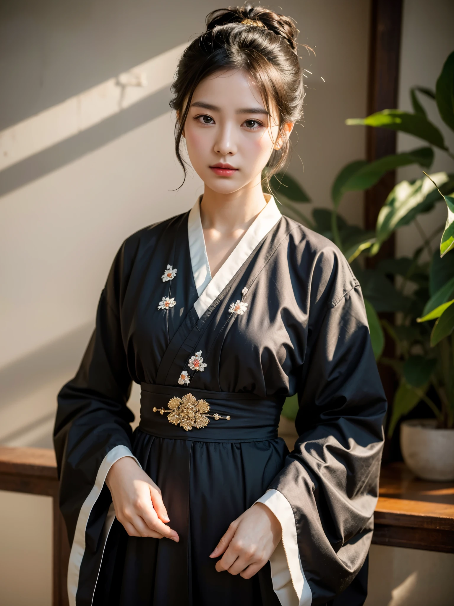 Best quality, masterpiece, ultra high res, (photorealistic:1.4), raw photo, (Authentic skin texture:1.3), (film grain:1.3), panorama, character portrait, very wide shot, half body, narrow waist, cowboy shot , in the dark, deep shadow, low key, cold light, night,
1girl, Tang Dynasty Hanfu, Intricate embroidery, Jade hairpin, Black hair styled in a traditional updo, Brown eyes,