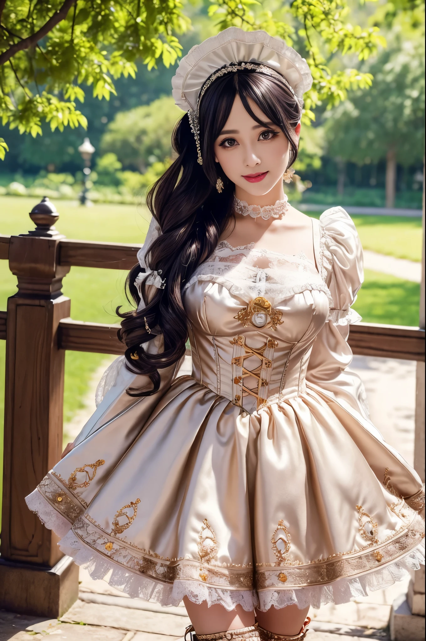 (nsfw), sexy stylish Swedish model, only 1 female, ((doll-like appearance)), long Rose Gold stylish hair, ((shiny Victorian-Style boots)), (big smile), ultra detailed eyes, vivid eye makeup, lipgloss, long lashes, defined eyebrows, ((sexy Paradise Kiss cosplay)), bell-shaped skirt, petticoats, high neckline, puffed sleeves, ((ultra detailed lace)), ((ultra detailed embroidery)), intricate details, Paradise Kiss accessoires and matching headpiece, choker, ((large sparkling Paradise Kiss jewelry)), cinematic light, detailed large park background with trees 