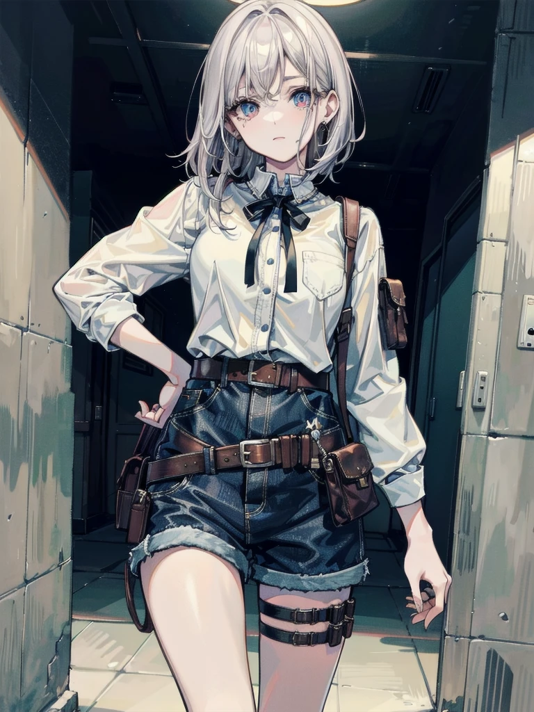 A young woman in a cowgirl outfit, holding a holster, detailed facial features including pale skin, 20 years old with a tearful mole and an earring, short wavy medium-length hair, best quality, 32k resolution, absurdres