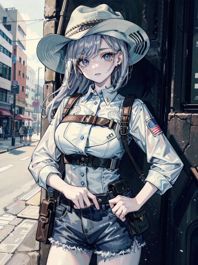 A young woman in a cowgirl outfit, holding a holster, detailed facial features including pale skin, 20 years old with a tearful mole and an earring, short wavy medium-length hair, best quality, 32k resolution, absurdres