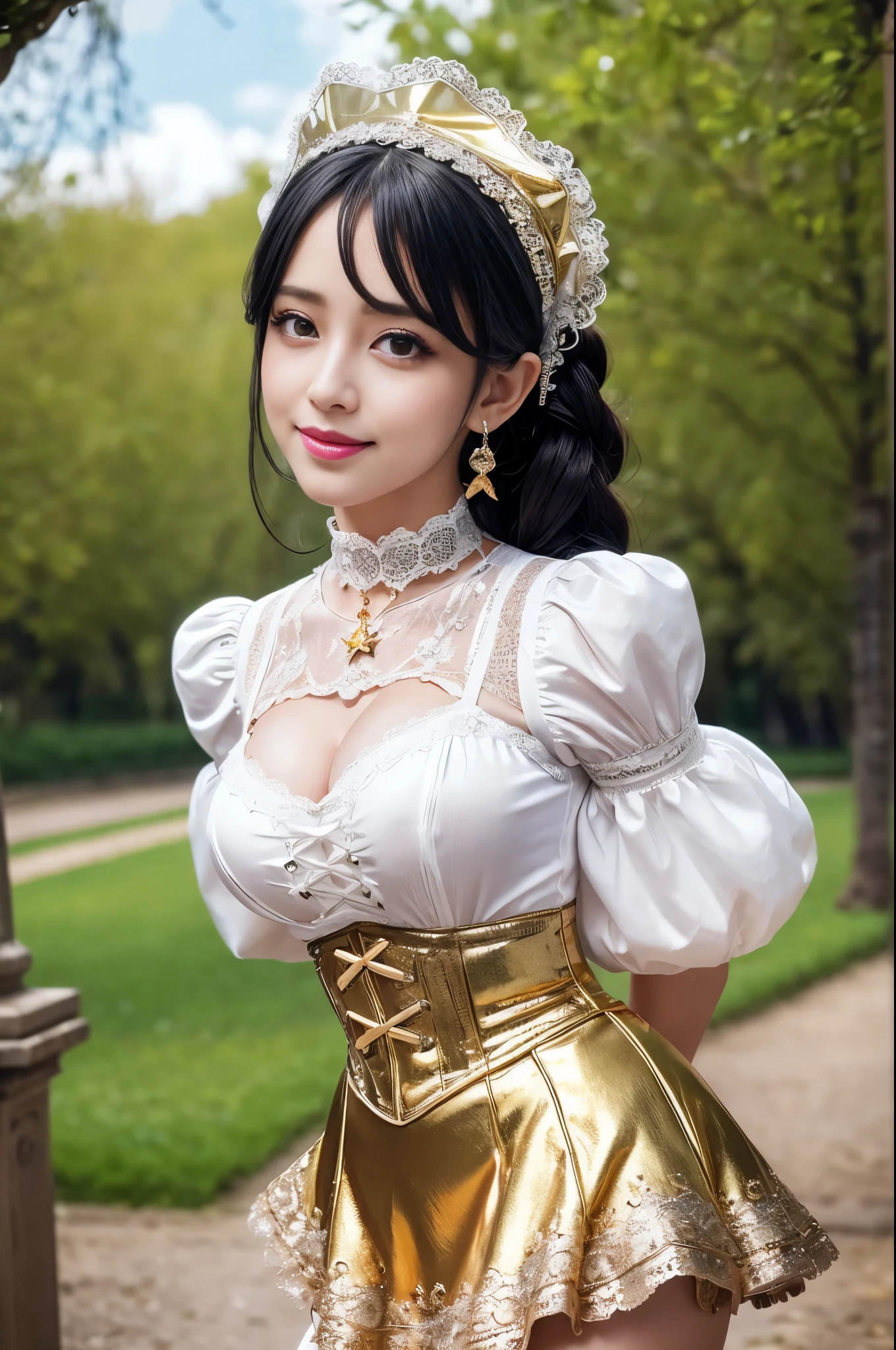 (nsfw), sexy stylish Swedish model, only 1 female, ((doll-like appearance)), long Rose Gold stylish hair, ((shiny Victorian-Style boots)), (big smile), ultra detailed eyes, vivid eye makeup, lipgloss, long lashes, defined eyebrows, ((sexy Paradise Kiss cosplay)), bell-shaped skirt, petticoats, high neckline, puffed sleeves, ((ultra detailed lace)), ((ultra detailed embroidery)), intricate details, Paradise Kiss accessoires and matching headpiece, choker, ((large sparkling Paradise Kiss jewelry)), cinematic light, detailed large park background with trees